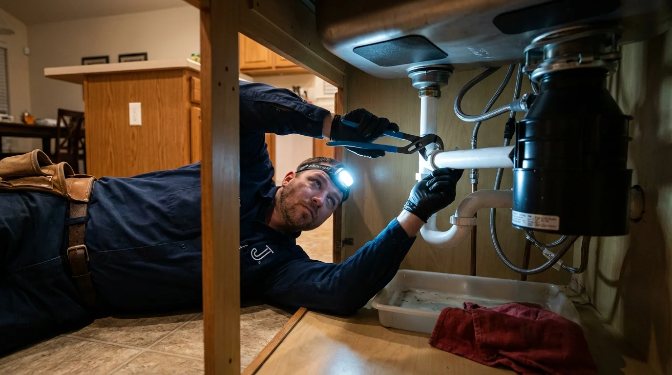 P-trap and supply line connections under a kitchen sink showing a common leak point in Fort Washington, MD